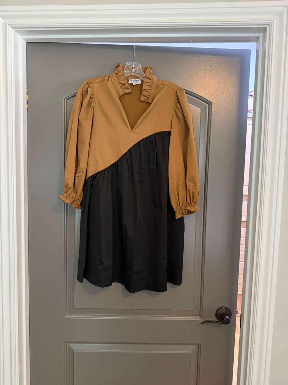 Colorblock Ruffle Collar Dress in Camel and Black